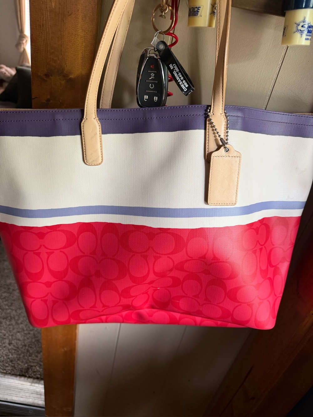Coach Colorblock Tote in Red, Cream & Lavender